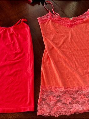 Lace Hem Camisole & Bright Tank Top - Coral/Pink